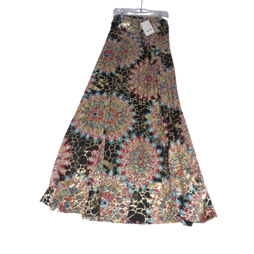 India Boutique‎ Womens Gold Metallic Foil Feather Mandala Maxi Skirt Dress M